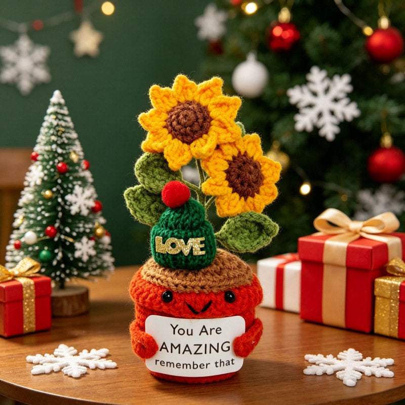 Crochet Christmas Flower Pot Decor - Festive Desktop Ornament Gift for Office, Home & Holiday Parties