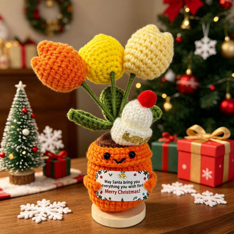 Crochet Christmas Flower Pot Decor - Festive Desktop Ornament Gift for Office, Home & Holiday Parties