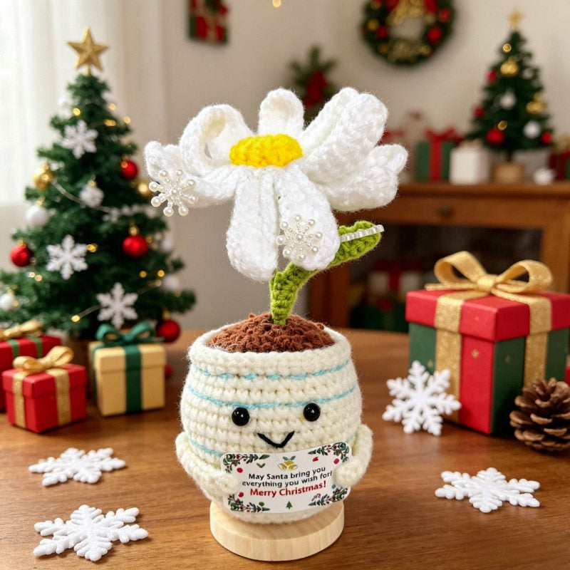 Crochet Christmas Flower Pot Decor - Festive Desktop Ornament Gift for Office, Home & Holiday Parties