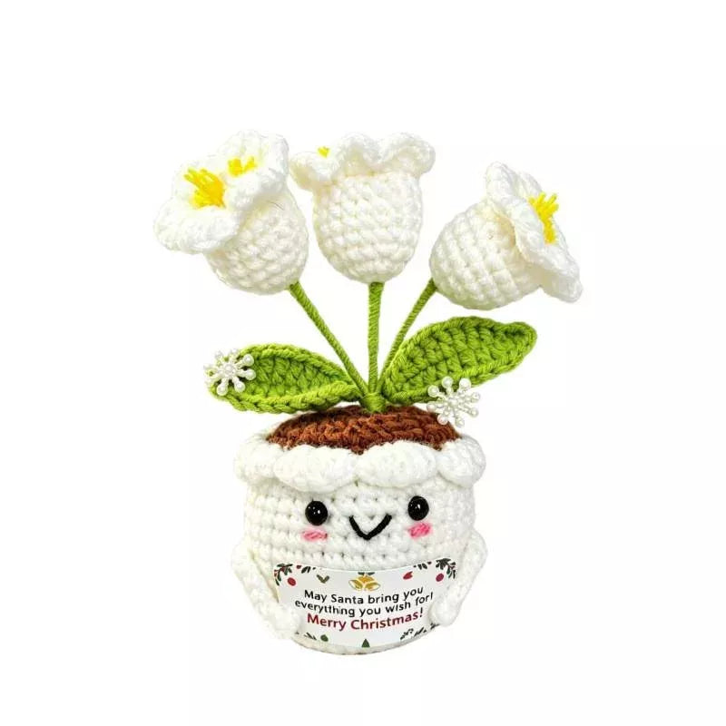 Crochet Christmas Flower Pot Decor - Festive Desktop Ornament Gift for Office, Home & Holiday Parties