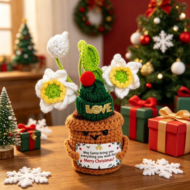 Crochet Christmas Flower Pot Decor - Festive Desktop Ornament Gift for Office, Home & Holiday Parties