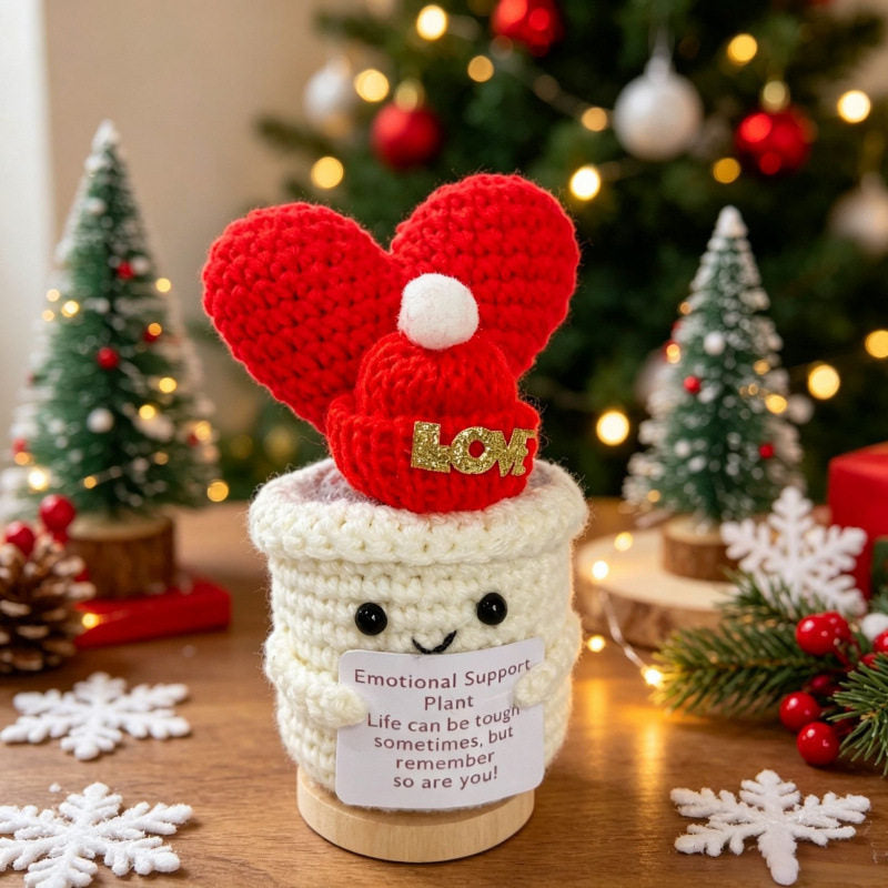 Crochet Christmas Flower Pot Decor - Festive Desktop Ornament Gift for Office, Home & Holiday Parties