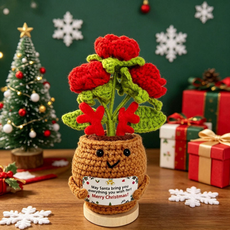 Crochet Christmas Flower Pot Decor - Festive Desktop Ornament Gift for Office, Home & Holiday Parties