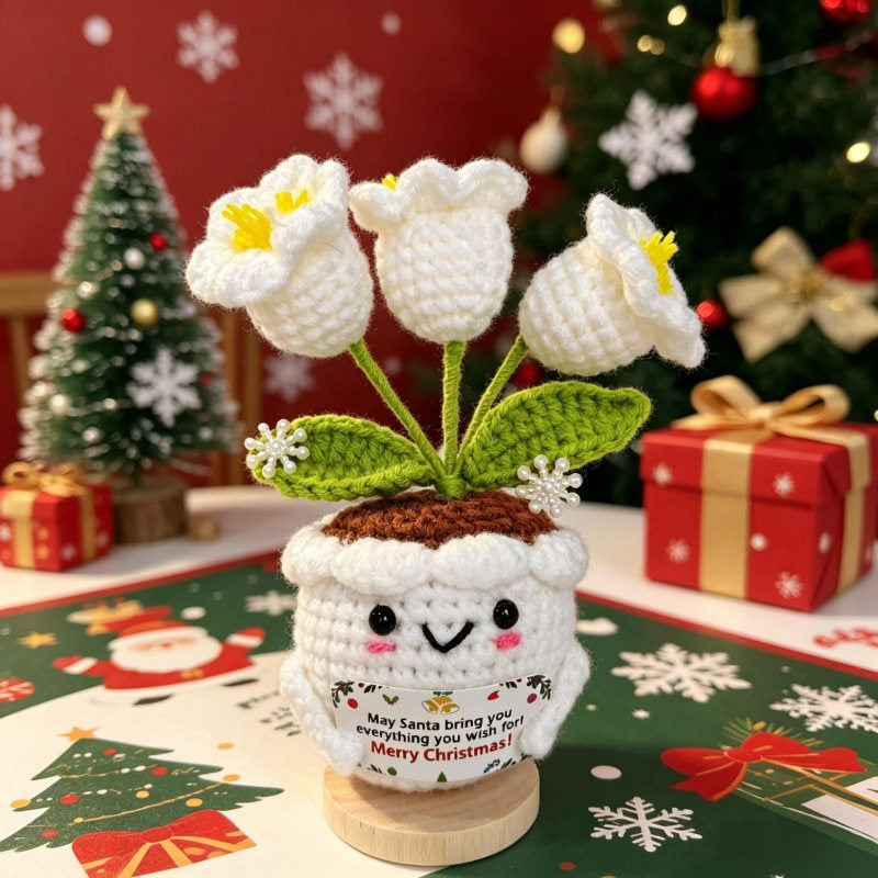 Crochet Christmas Flower Pot Decor - Festive Desktop Ornament Gift for Office, Home & Holiday Parties