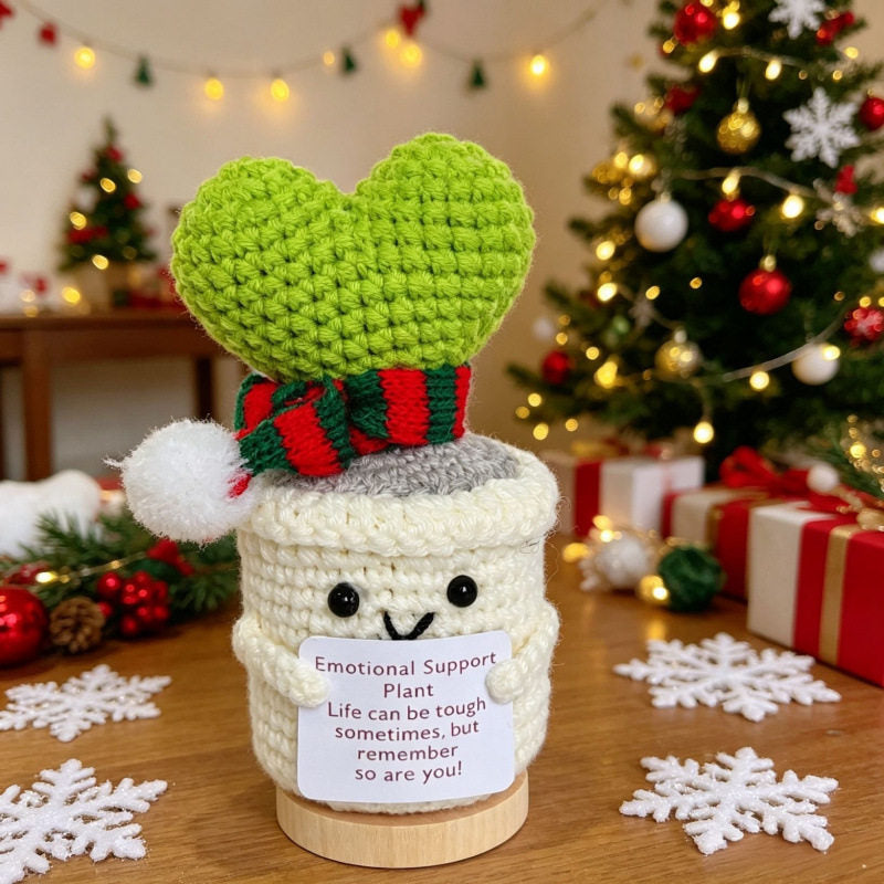 Crochet Christmas Flower Pot Decor - Festive Desktop Ornament Gift for Office, Home & Holiday Parties