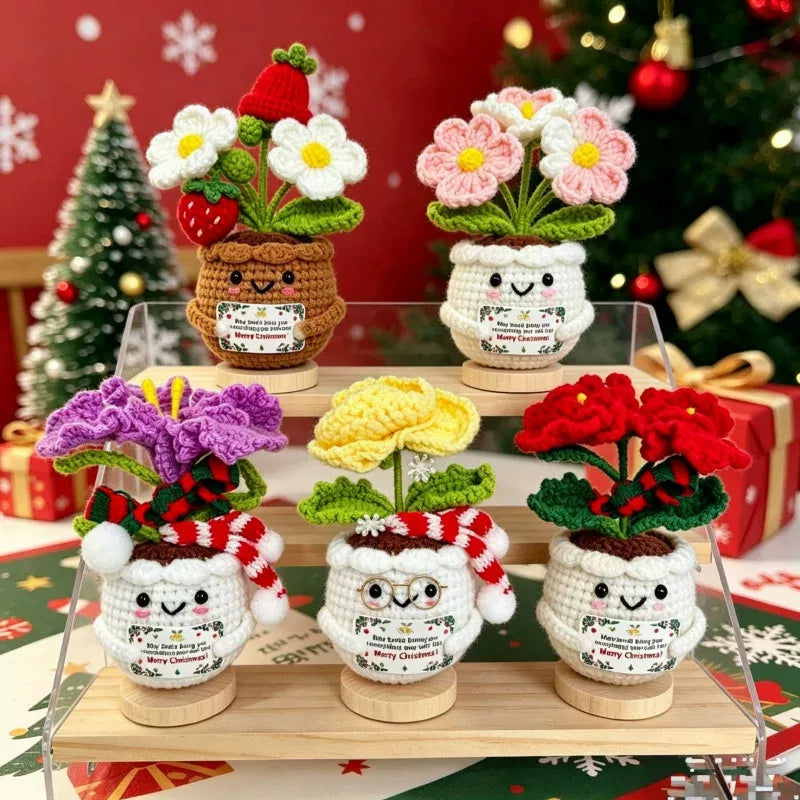 Crochet Christmas Flower Pot Decor - Festive Desktop Ornament Gift for Office, Home & Holiday Parties