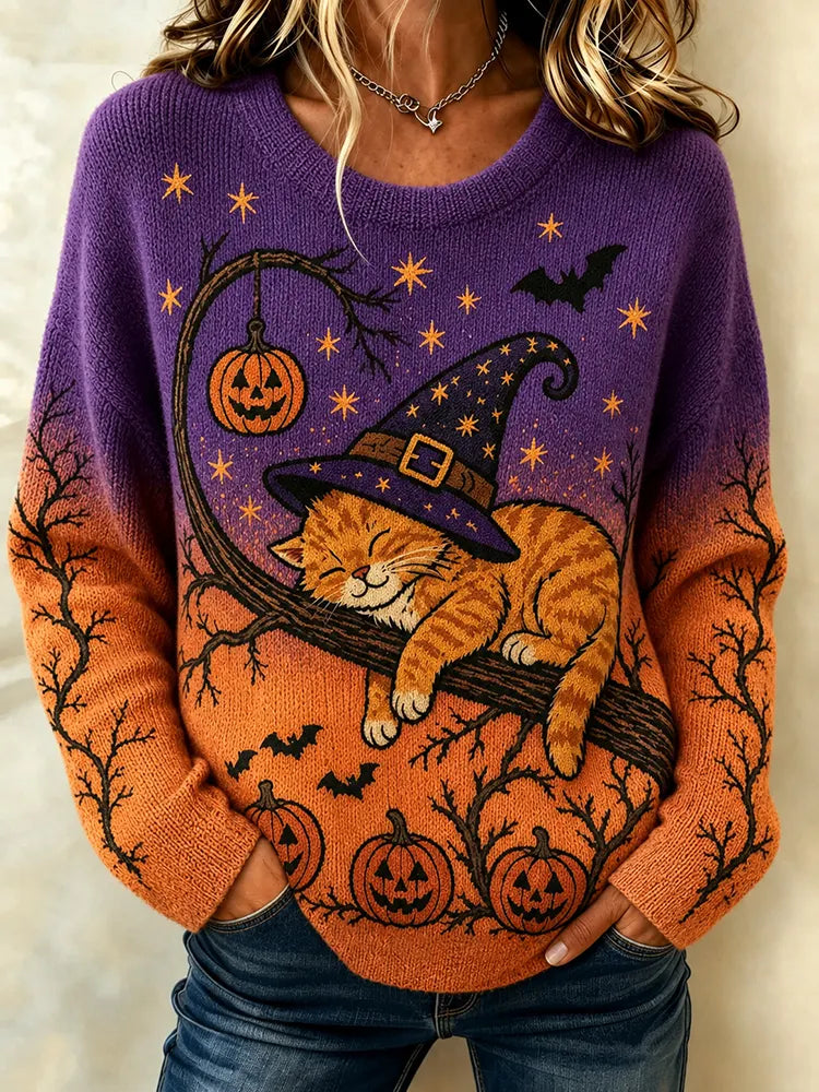 Women's Retro Halloween Lazy Cute Cat Print Cozy Knit Crew Neck Sweater