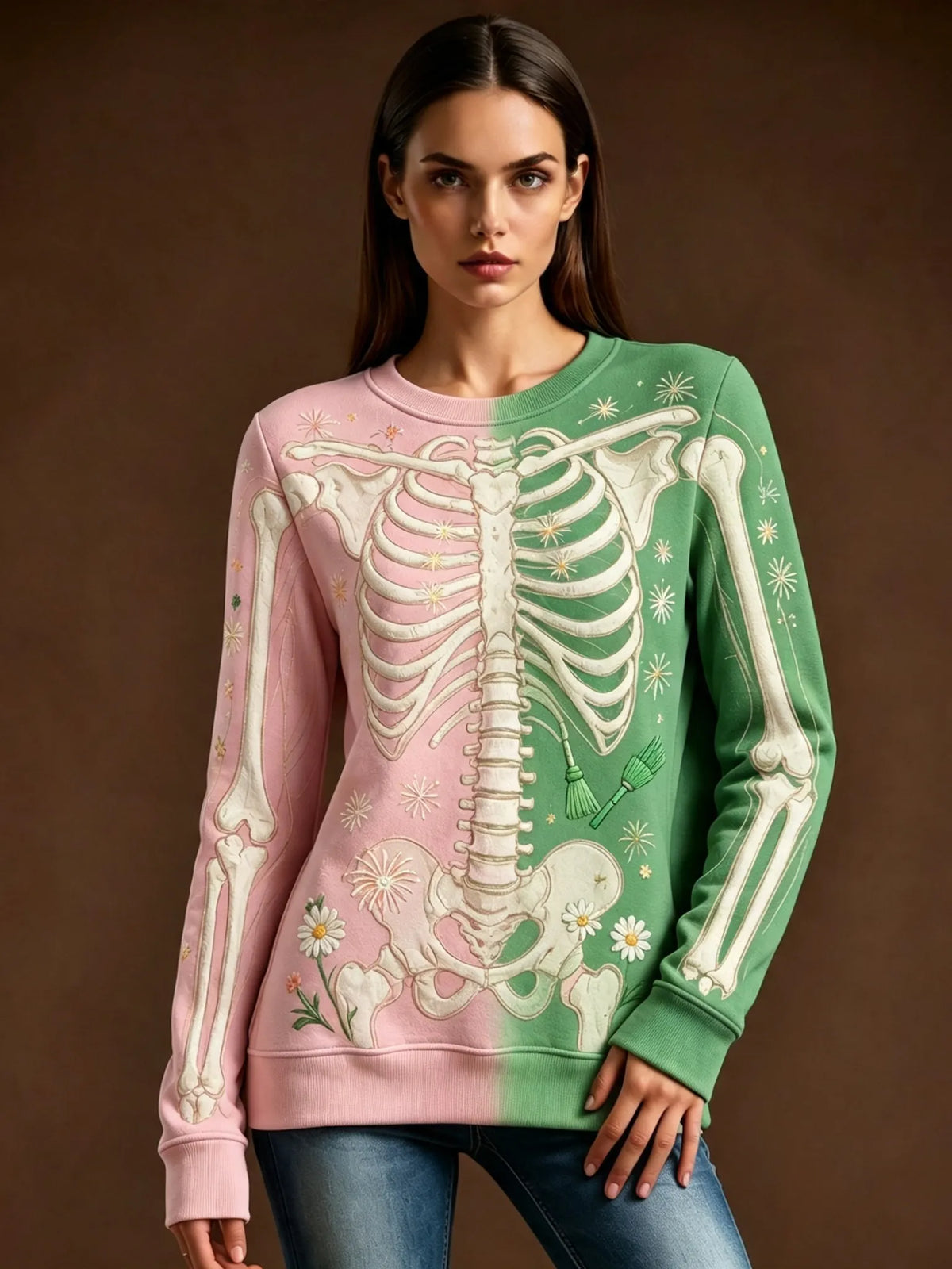 Women's Retro Halloween Skull And Floral Pattern Casual Comfortable Sweatshirt