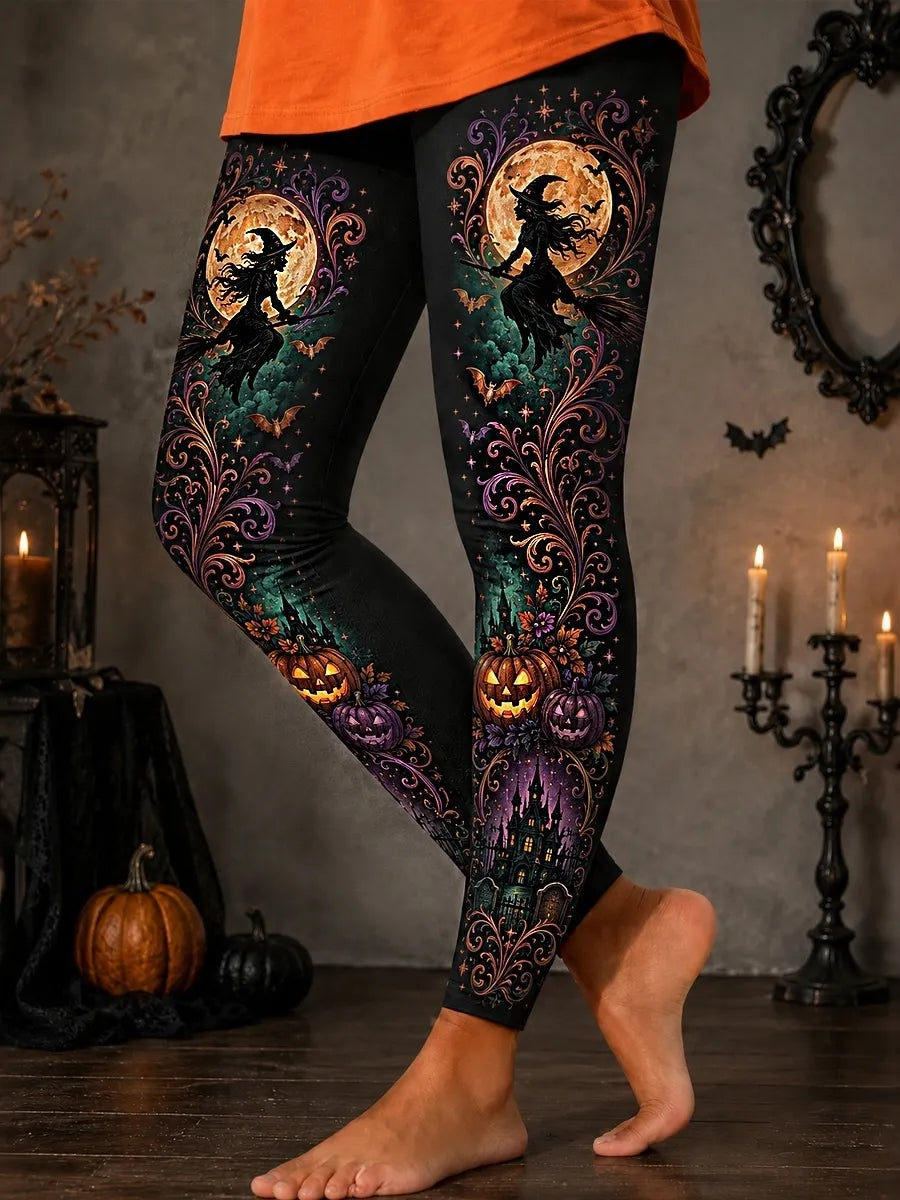 Women's Halloween Retro Witch Pumpkin Castle Print Leggings