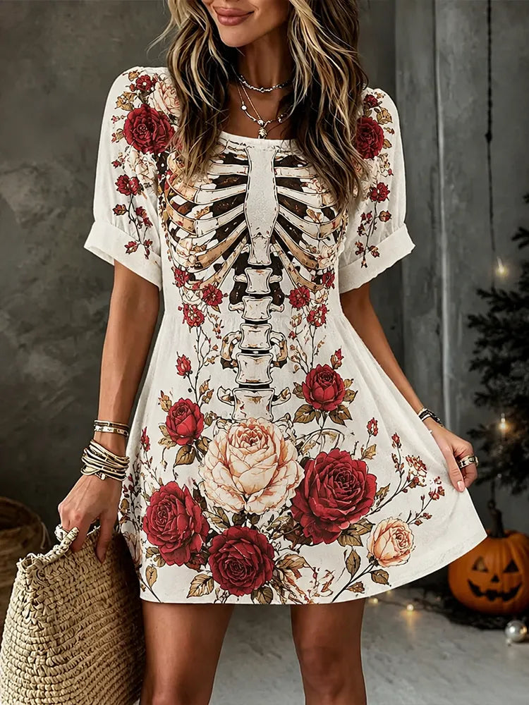 Women's Casual Short Sleeve Mini Dress With Anatomical Ribcage Skeleton And Romantic Red/cream Rose Floral Print