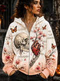 Women's Full-zip Hoodie With Gothic Anatomical Heart, Skull, And Floral Music Notes Print