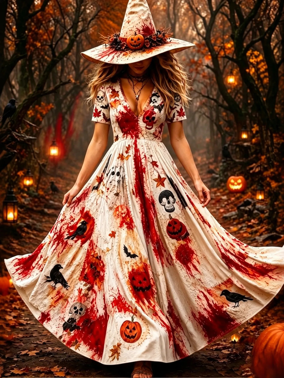 Women's Gothic Bloody Halloween Prints Long Sleeve Maxi Dress