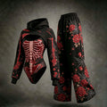 Women's Dark Retro Halloween Rose Skeleton Spider Web Print Three-piece Set