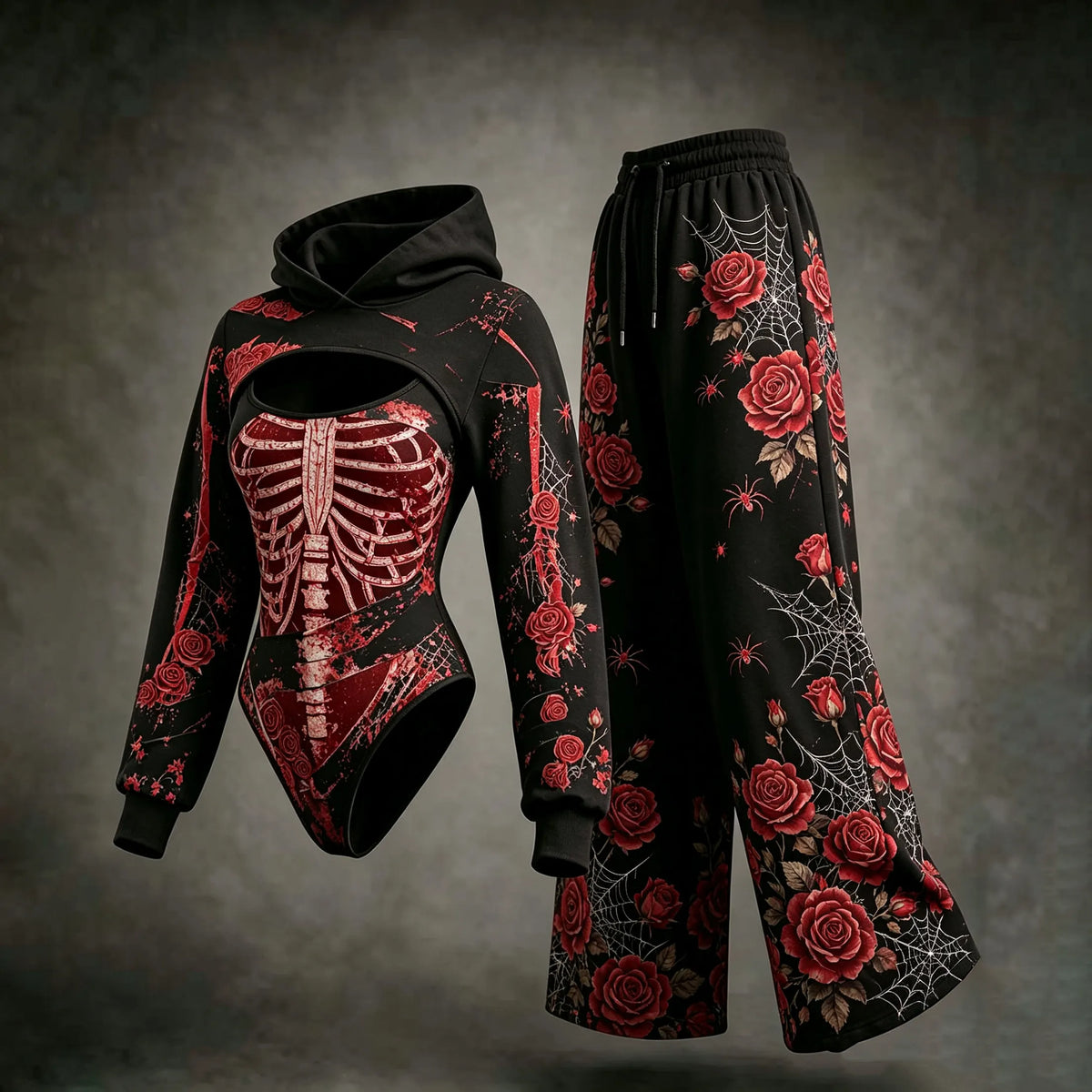 Women's Dark Retro Halloween Rose Skeleton Spider Web Print Three-piece Set