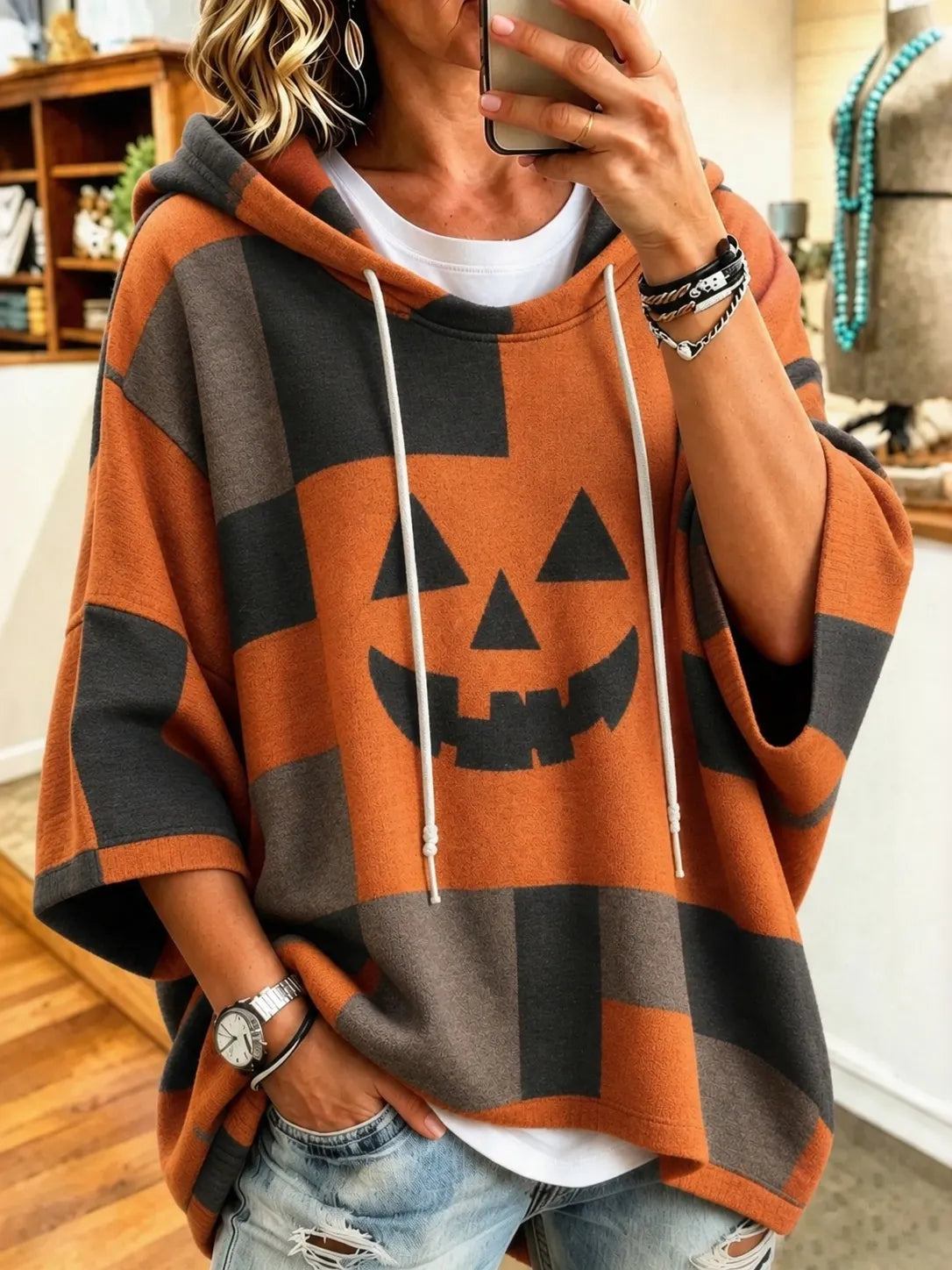 Women's Halloween With Spooky Face Printing Hoodie