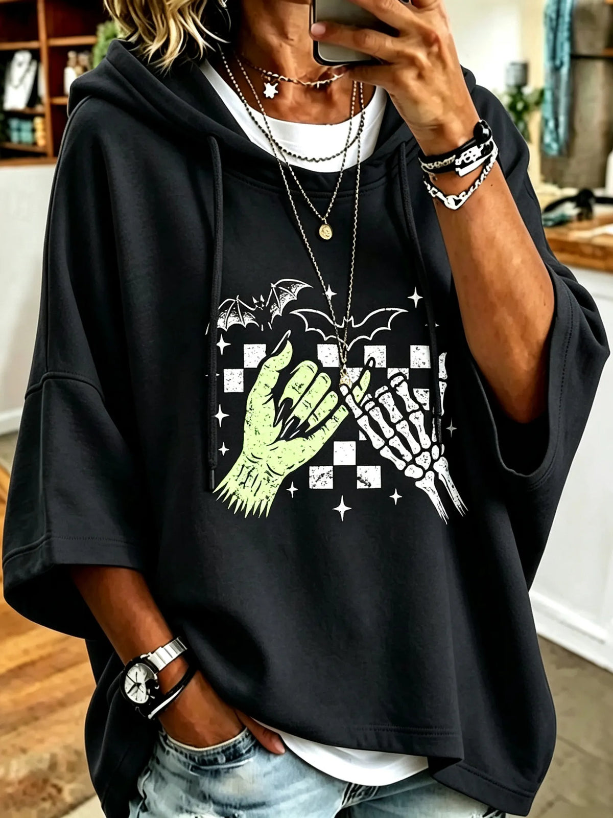 Women's Retro Halloween Themed Print Casual Hooded Sweatshirt