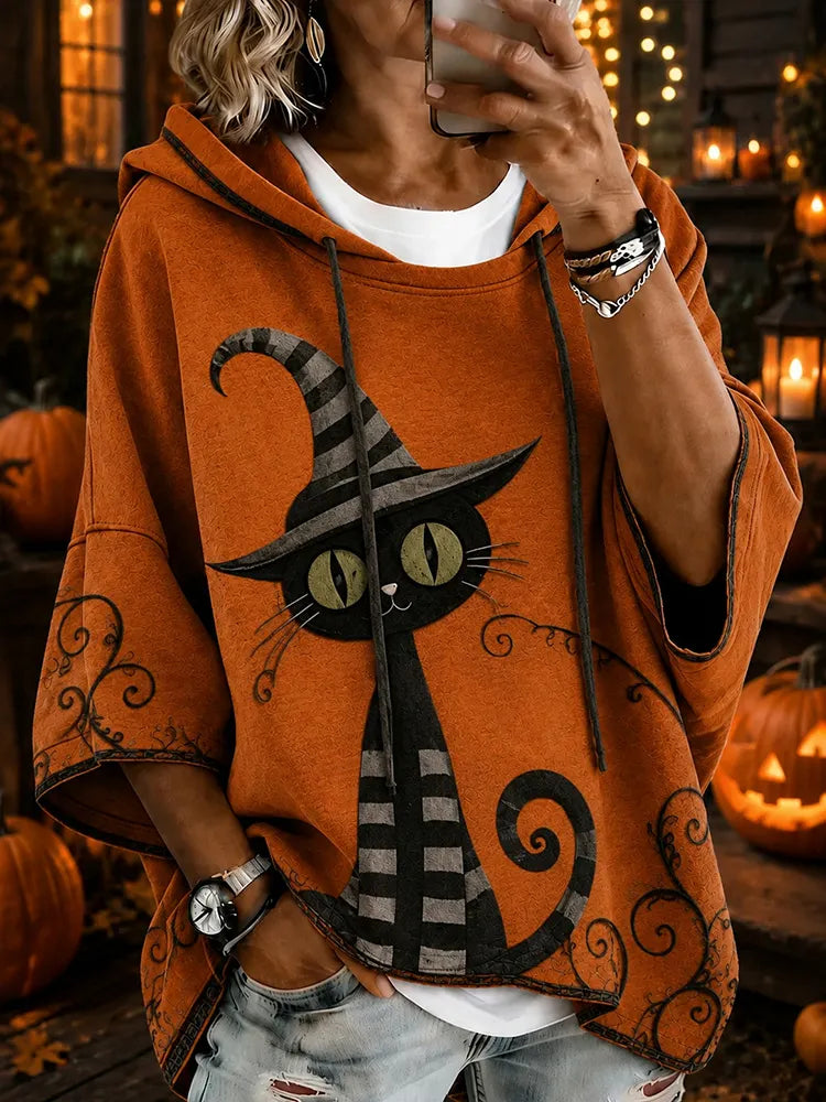 Women's Halloween Black Cat Art Print Casual Hooded Sweatshirt