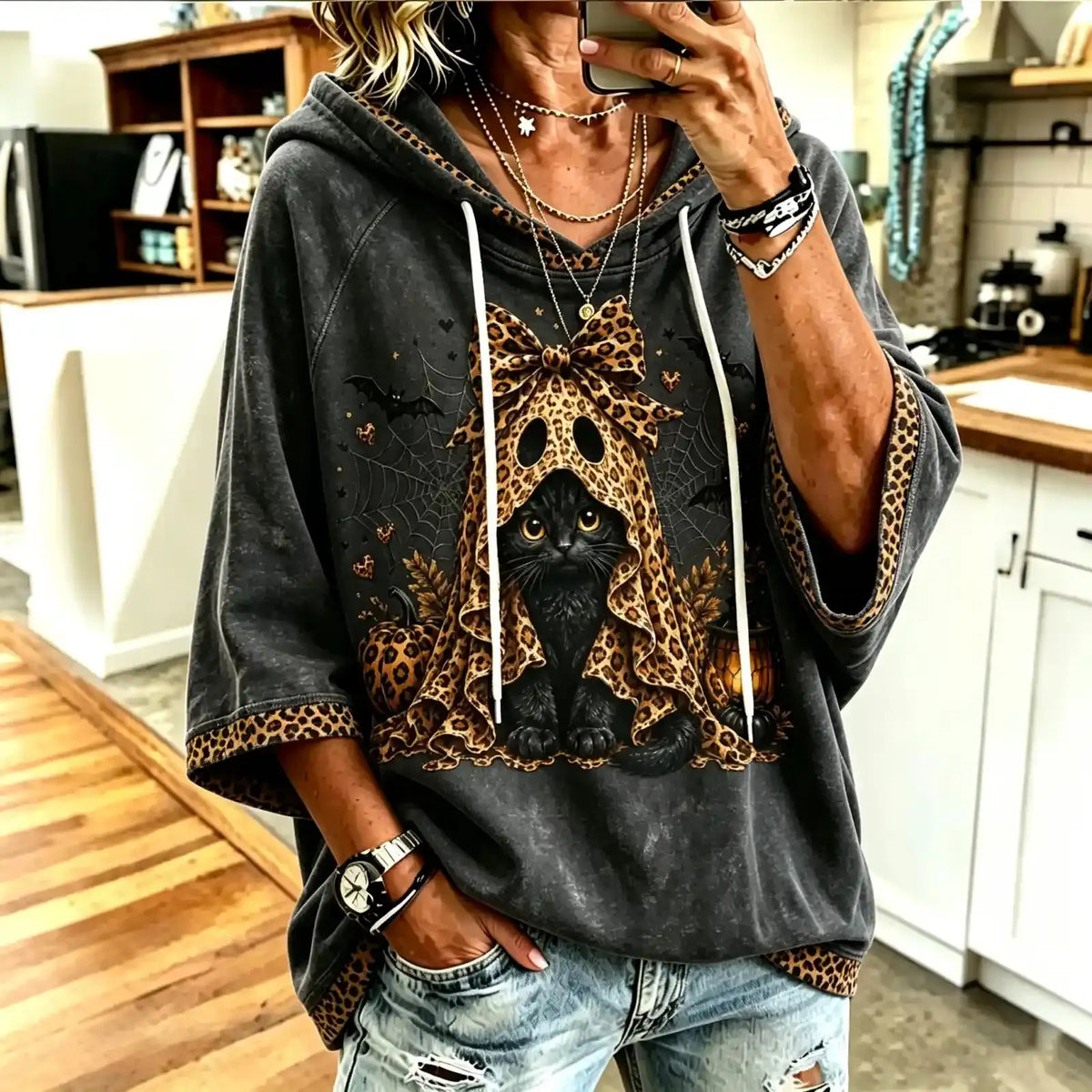 Women's Retro Halloween Black Cat Bat Spider Web Print Hoodie