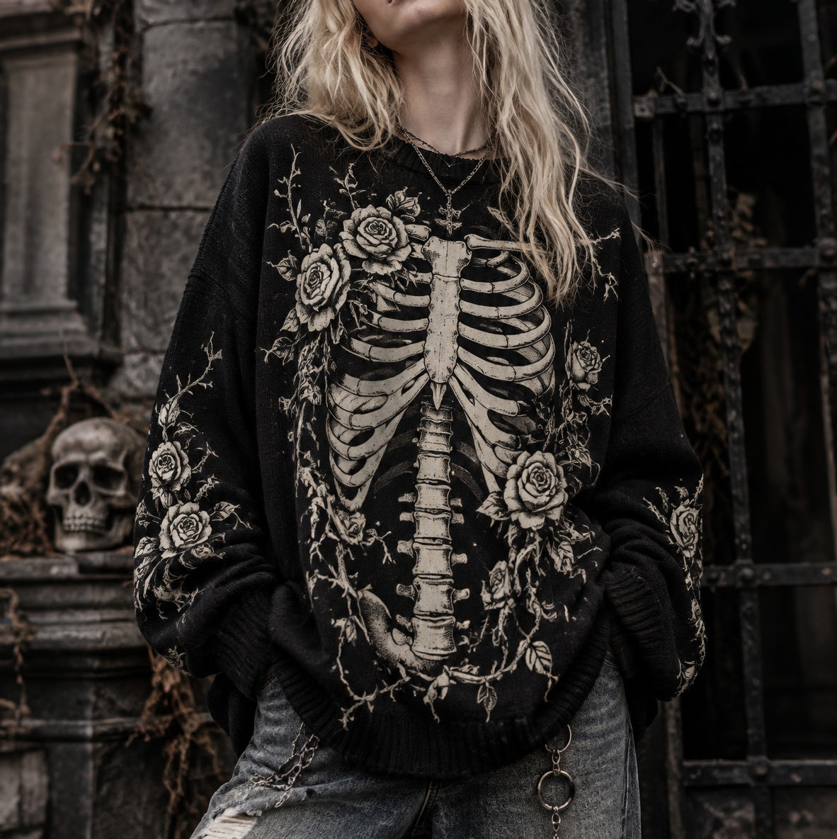 Women's Retro Halloween Skeleton Art  Print Cozy Sweater