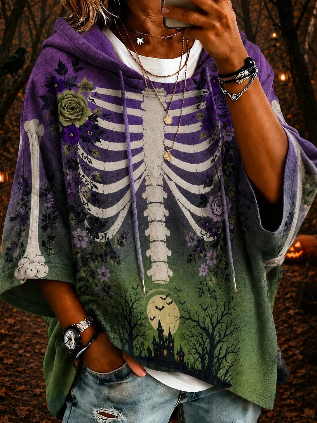 Women's Halloween Skeleton & Rose Gradient Art Print Casual Hoodie