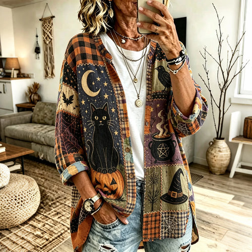 Women's Halloween Patchwork Black Cat Plaid Witch Pumpkin Print Crew Neck Long Sleeve Shirt