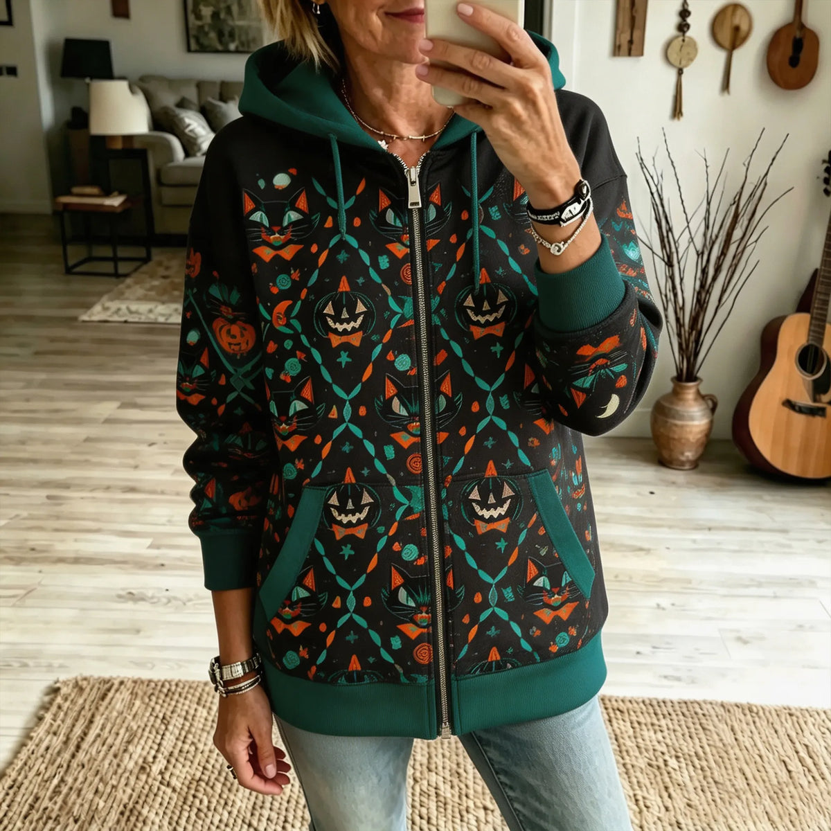 Women's Retro Halloween Black Cat Pumpkin Print Loose Casual Zip-up Hooded Sweatshirt