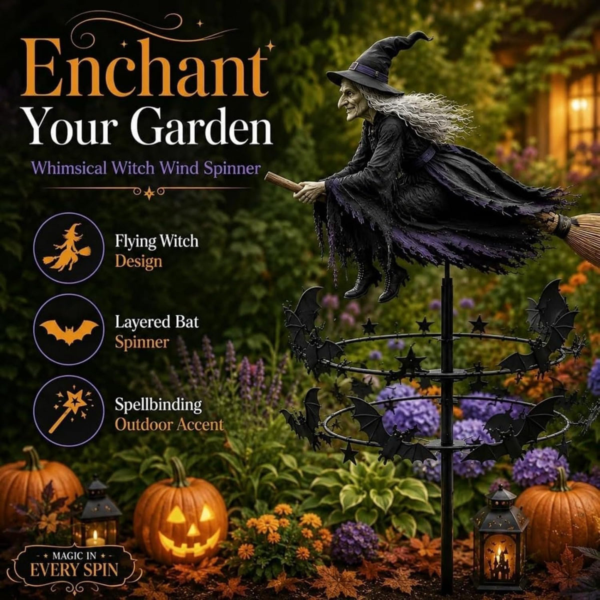 🧙‍♀️ Enchanted Witch Garden Wind Spinner – Where Witches Fly and Bats Dance