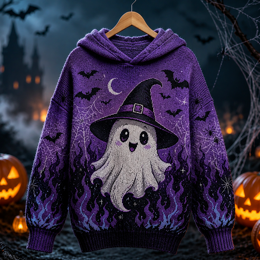 Women's Halloween Cute Ghost In Witch Hat Graphic Hoodie - Purple Flame & Bat Pattern
