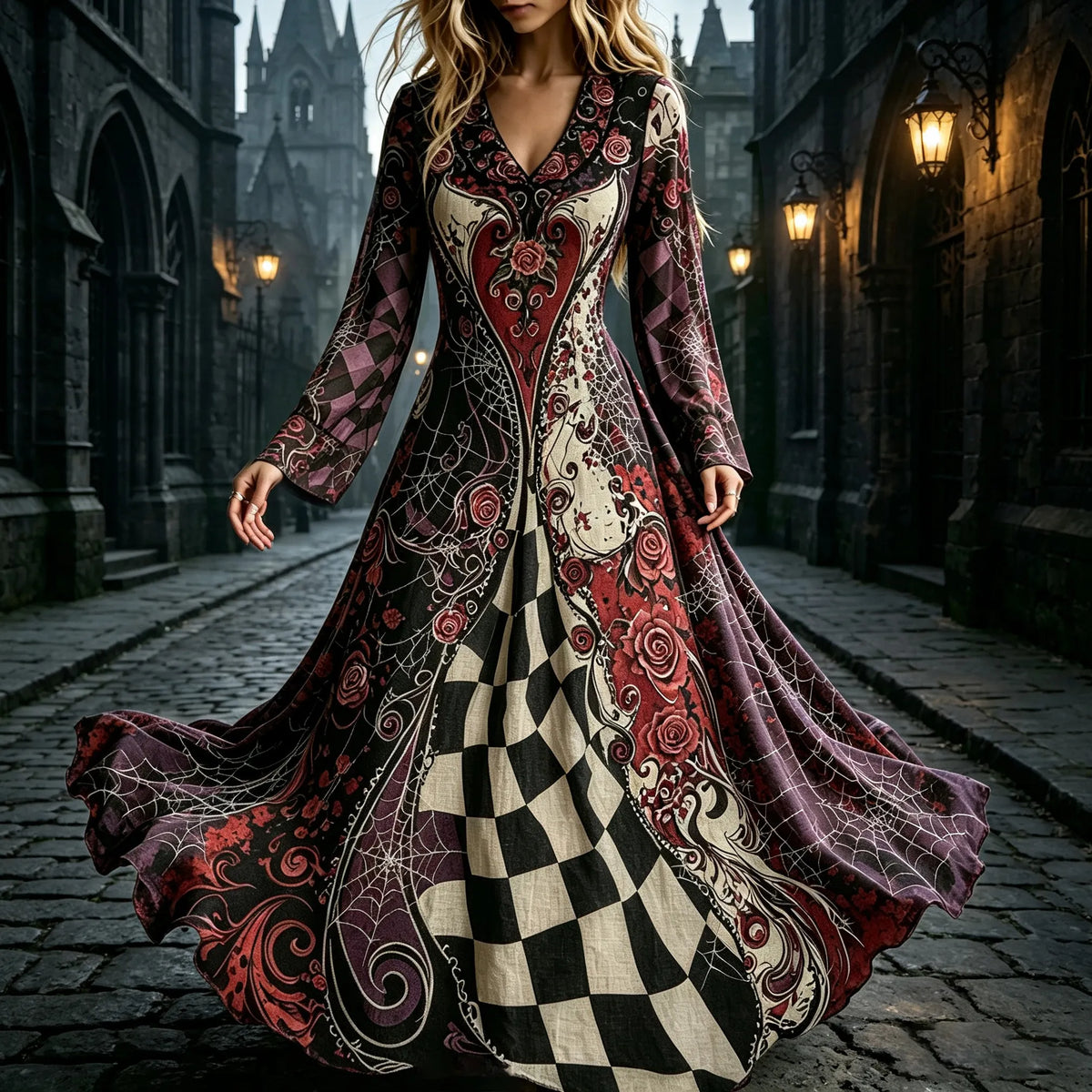 Women's Retro Halloween Gothic Style Plaid Floral Art Print V-neck Long Sleeve Dress