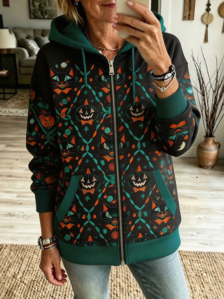 Women's Retro Halloween Black Cat Pumpkin Print Loose Casual Zip-up Hooded Sweatshirt