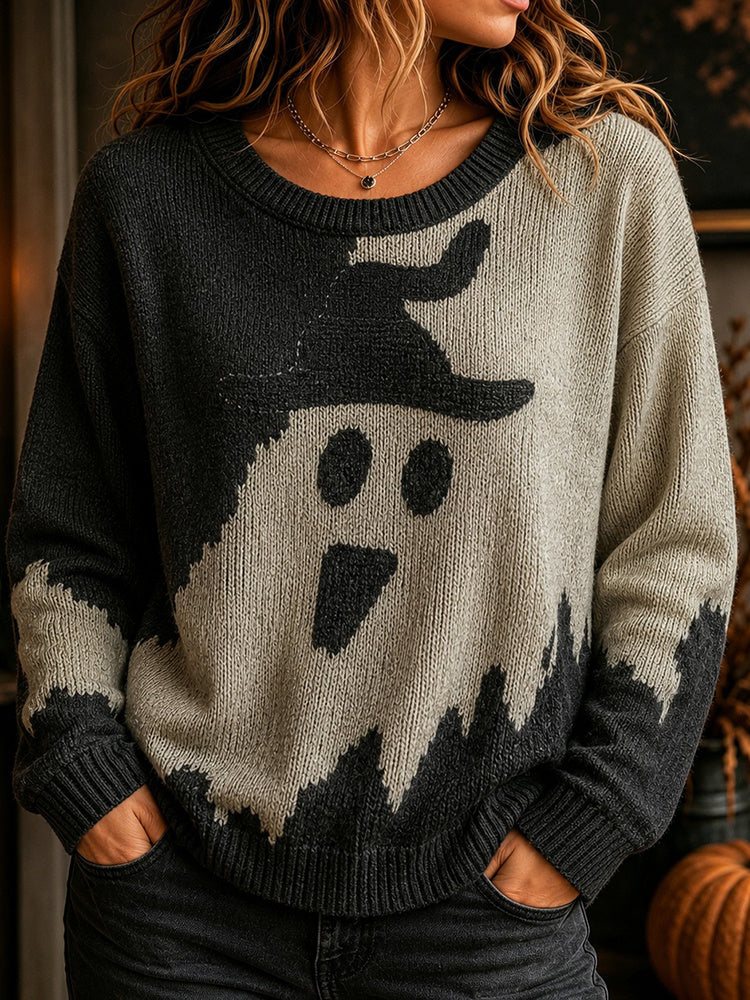 Women's Retro Halloween Ghost Knit Crew Neck Sweater