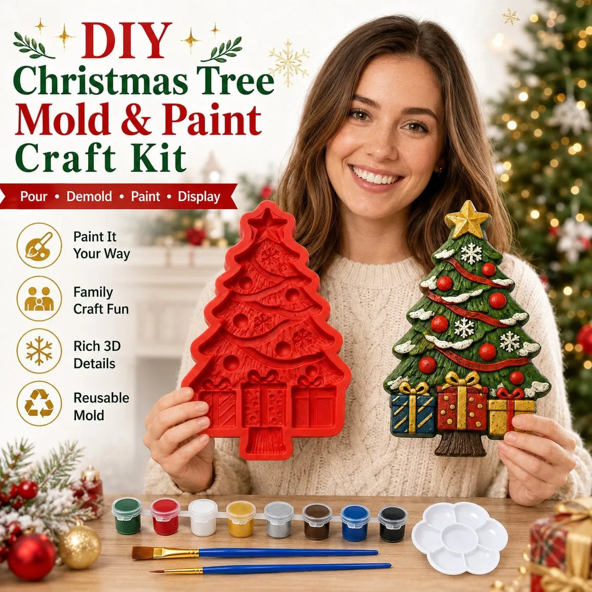 🔥 BUY 2 SAVE 20% – 🎄 DIY Christmas Tree Mold & Paint Craft Kit | Reusable 3D Mold with 8 Acrylic Paints, 2 Brushes & Festive Detail Guide 🎨✨