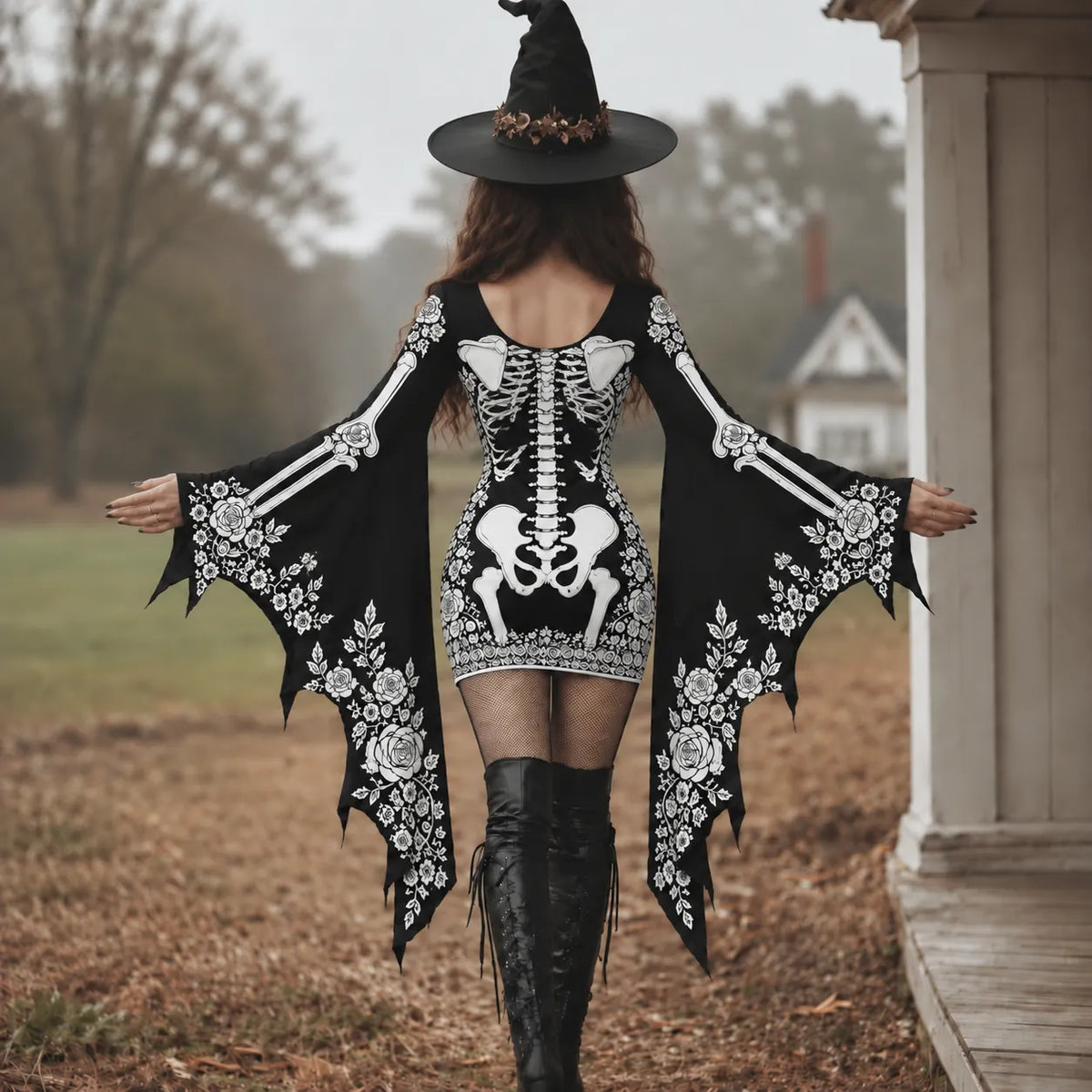 Women's Gothic Skeleton With White Roses Batwing Flare Sleeve Lace‐up Bodycon Dress – Halloween Costume