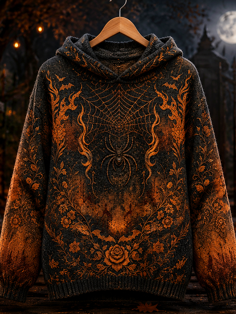 Women's Halloween Gothic Spiderweb Floral Pattern Hooded Sweater