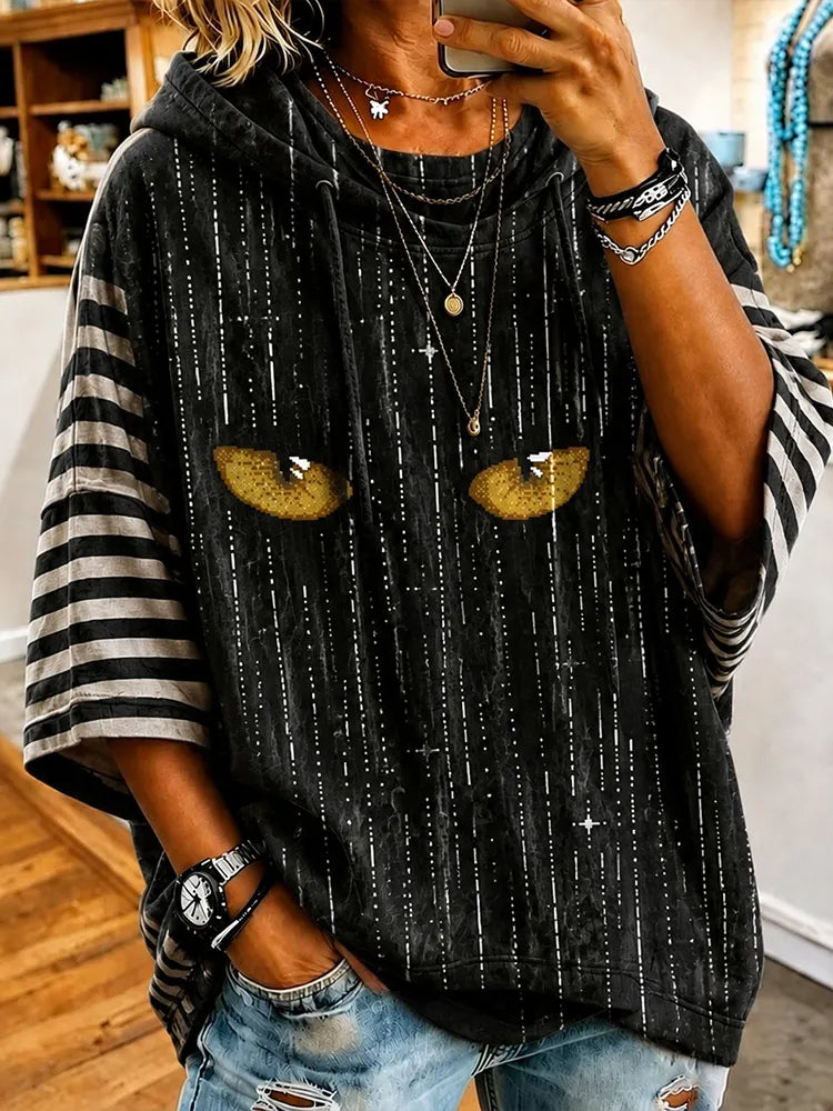Halloween Evil Cat Art Line Print Casual Cotton And Linen Hoodie