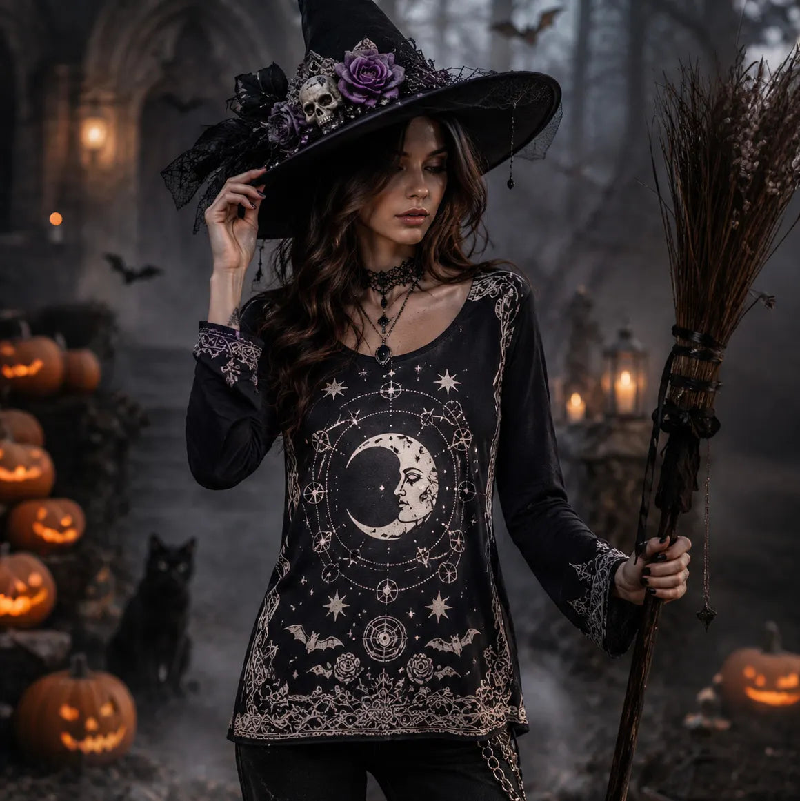 Women's Halloween Moon Bat Casual T-shirt