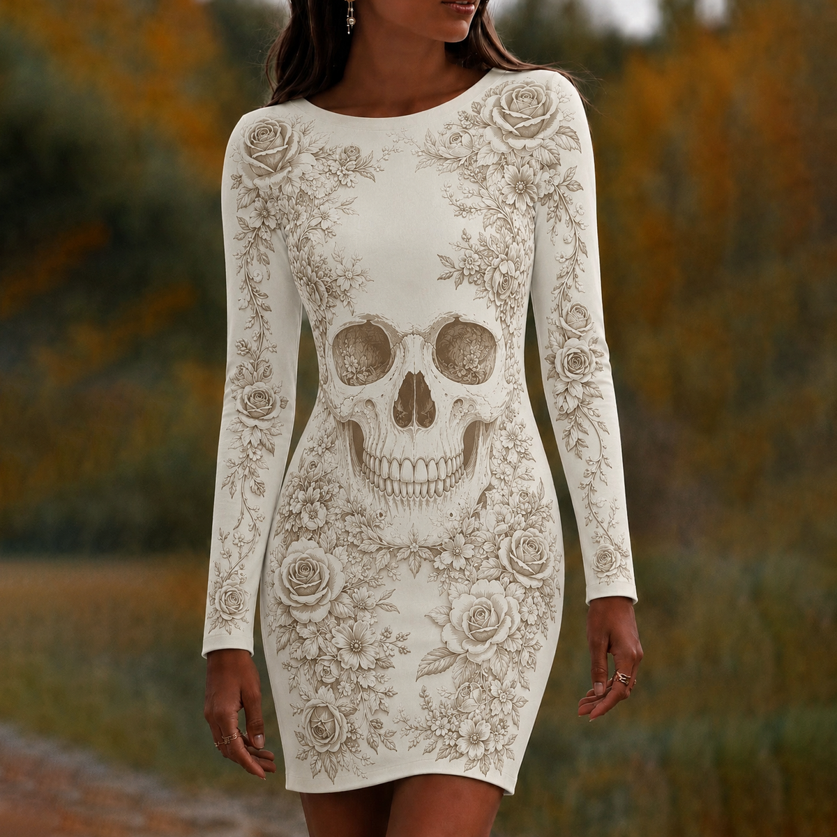 Women's Skull & Floral Halloween Art Print Mini Dress