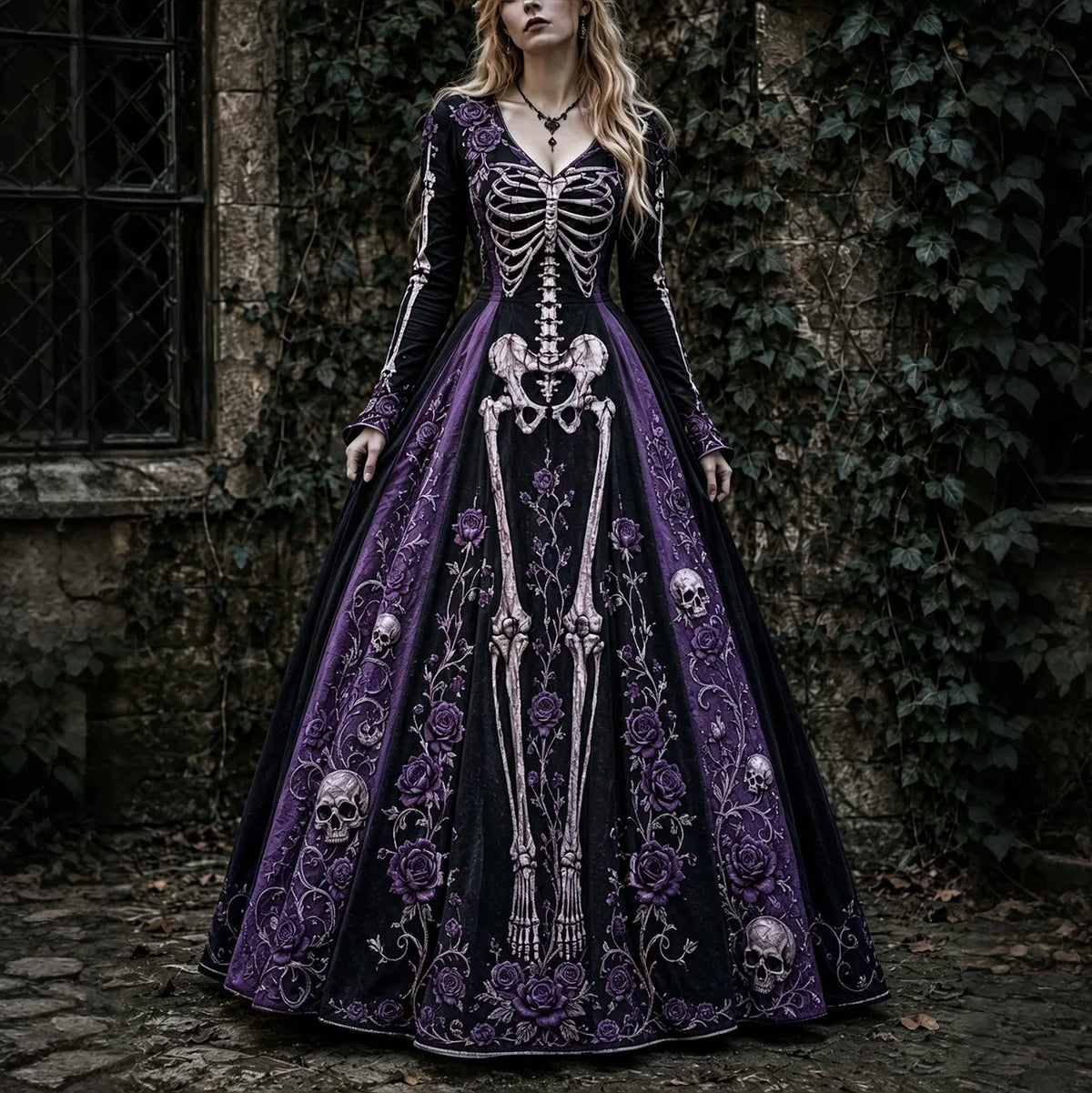 Women's Halloween Gothic Skeleton & Rose Art V-neck Maxi Dress