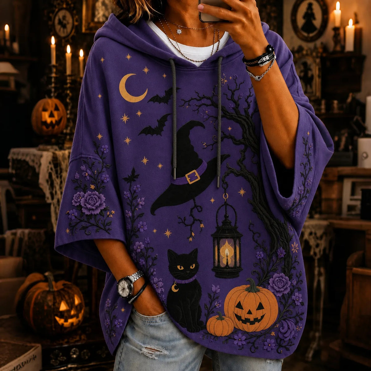 Women's Halloween Black Cat Art Print Casual Hoodie