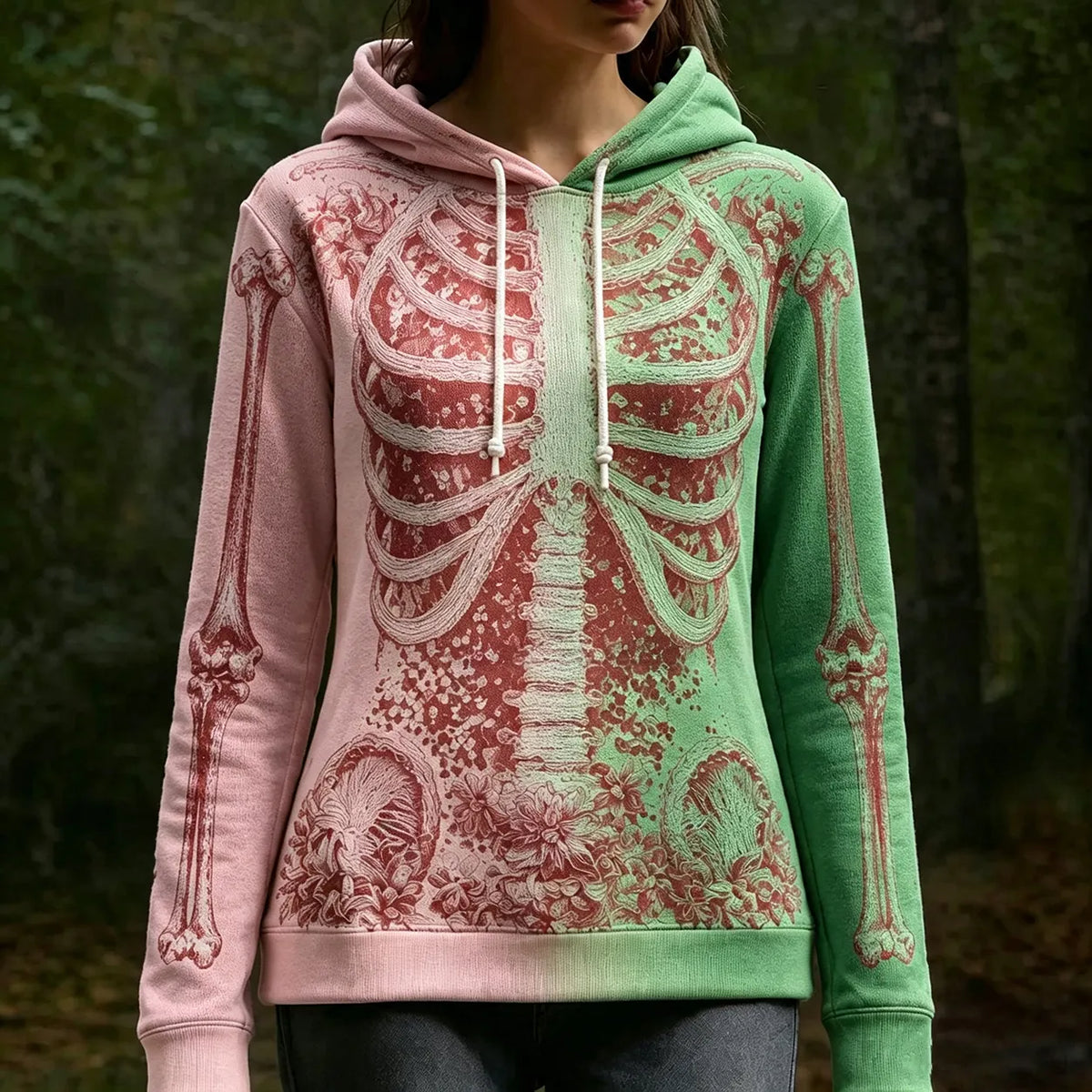 Women's Retro Halloween Human Body Structure And Floral Art Gradient Warm Hoodie