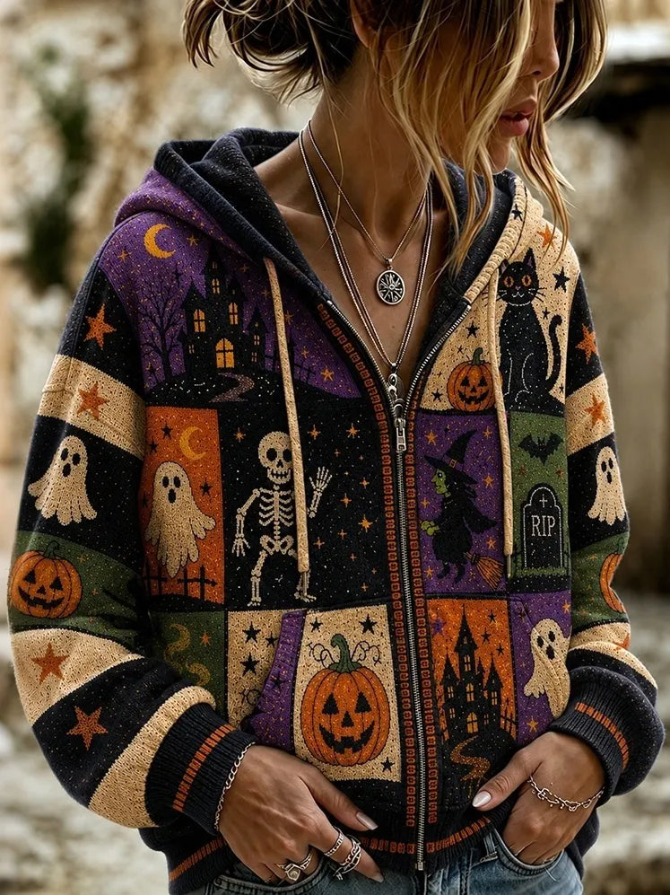 Women's Retro Halloween Ghost Skeleton Patchwork Zipper Hooded