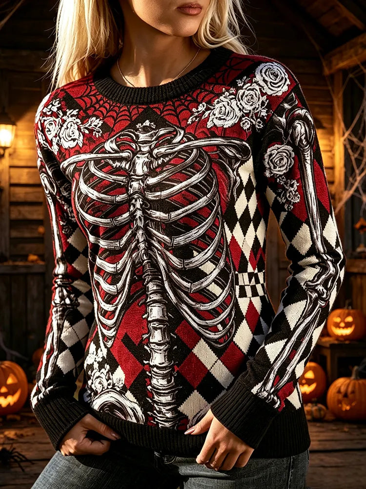 Women's Halloween Skeleton Poker Flowers Pattern Cozy Knit Sweater
