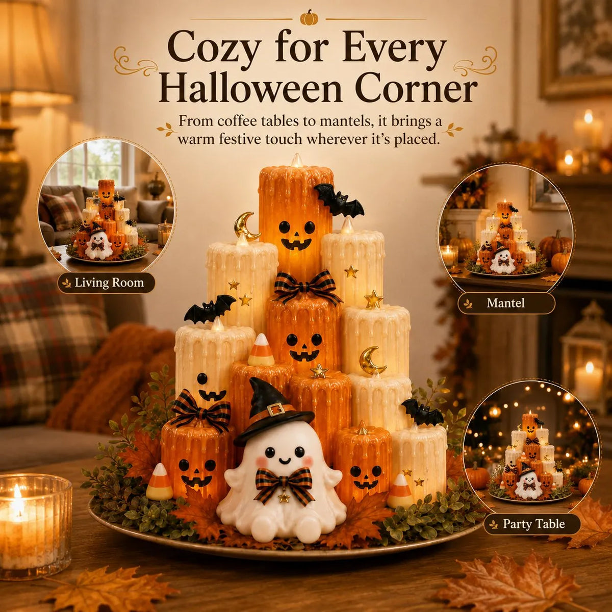 Halloween Resin Pumpkin Candle Holder Ornament with Ghost Decoration
