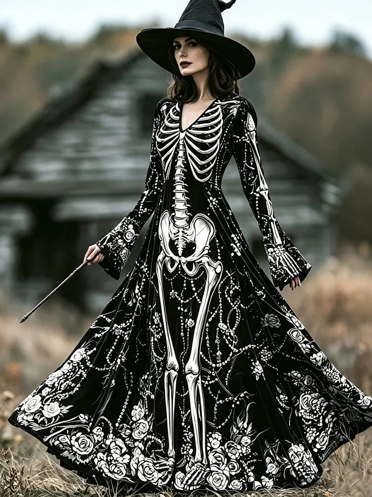 Women's Gothic Skeleton With Floral Art Print V Neck Velvet Maxi Dress