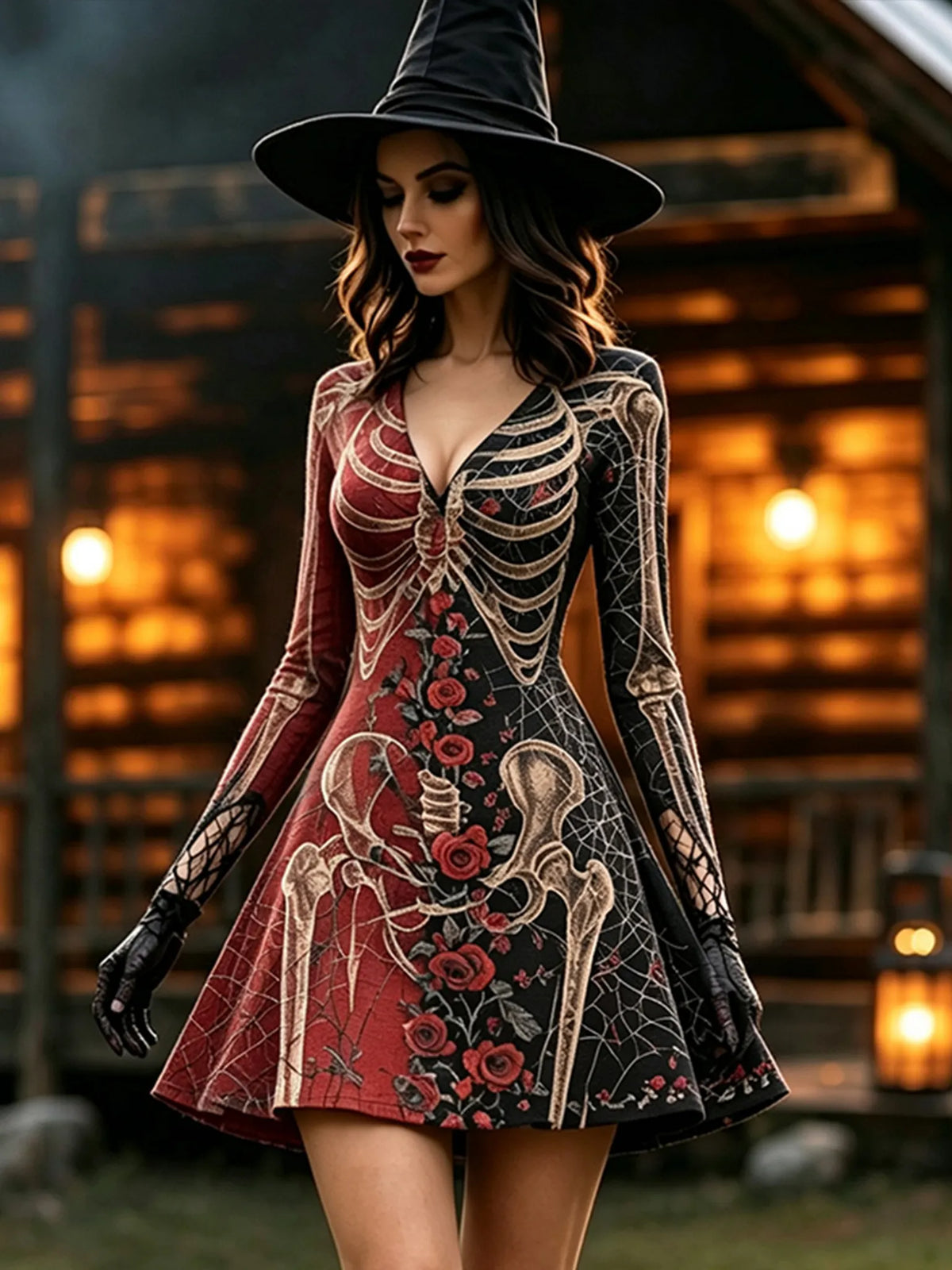 Women's Retro Halloween Skull And Floral Pattern Casual Long-sleeve Dress