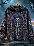 Women's Halloween Gothic Skull Cat Pattern Hooded Sweater - Purple Moon Rose Skull Pattern