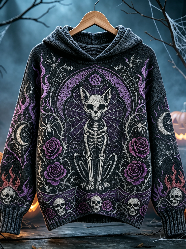 Women's Halloween Gothic Skull Cat Pattern Hooded Sweater - Purple Moon Rose Skull Pattern