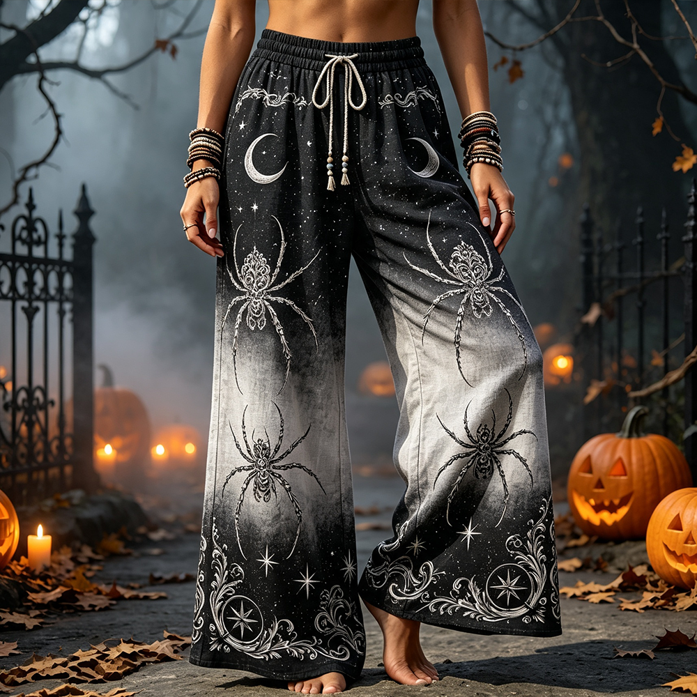 Women's Gothic Drawstring Wide-leg Pants With Spiders, Crescent Moons, And Stars Print