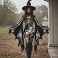 Women's Vintage Gothic Skeleton With White Roses Batwing Flare Sleeve Lace‐up Bodycon Dress – Halloween Costume