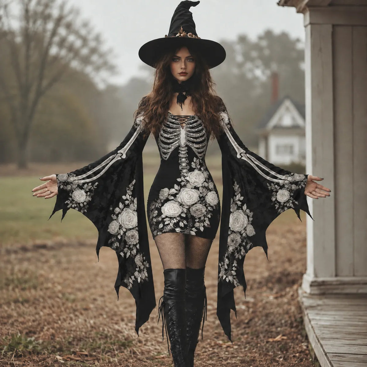 Women's Vintage Gothic Skeleton With White Roses Batwing Flare Sleeve Lace‐up Bodycon Dress – Halloween Costume